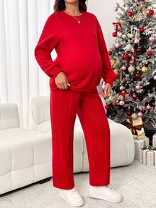 SHEIN Maternity Solid Color Crew Neck Long Sleeve Sweatshirt And Pants Casual 2 Pieces Set - Red - View 5