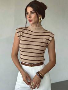 Firerie Elegant High Neck Loose Casual Versatile Sleeveless Knit Sweater Vest, Suitable For Dating, Chic - Camel - View 4