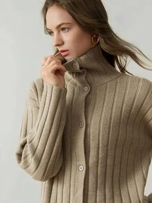 Dazy-Less Women's High Neck Button Long Sleeve Sweater And Pants 2 Pieces Set - Khaki - View 5