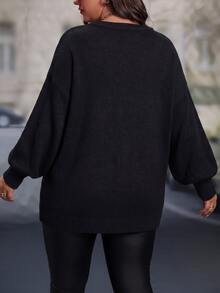 SHEIN LUNE CURVE 大尺碼街頭風 V 領珠飾裝飾套頭毛衣 - 黑色 - 查看 2