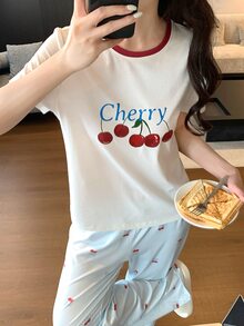 DAZY 2pcs/Set Women's Loose Short Sleeve Cherry Print Striped Long Pajama Pants Sleepwear Set - Multicolor - View 3