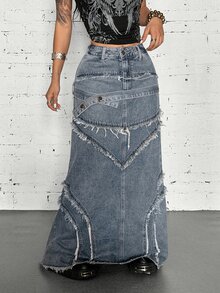 StreetHx Women's Sexy Design Button Frayed Hem Denim Skirt - Blue - View 1
