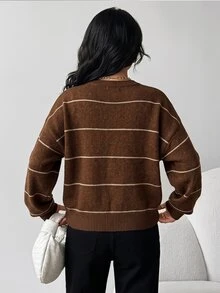 SHEIN 青少年女孩寬鬆休閒極簡舒適條紋套頭毛衣，百搭加厚保暖針織衫，適合秋冬 - 摩卡棕 - 查看 2