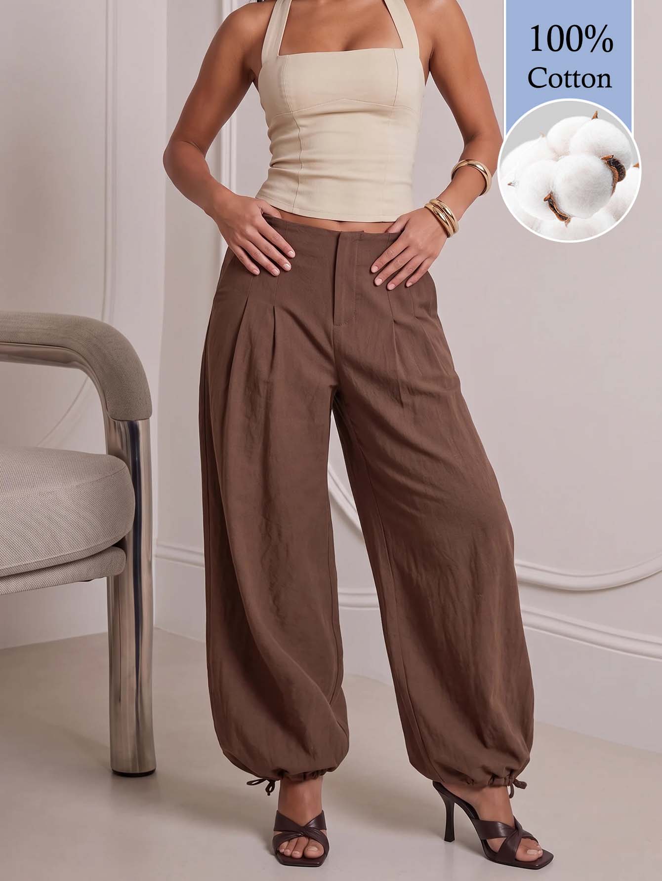 Avantive Women's Casual Commute Solid Color Lantern Pants (100% Cotton) - Brown - View 1