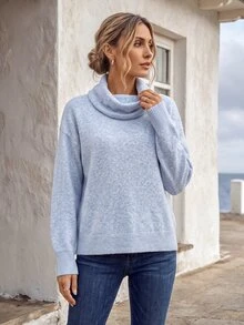 Faunlyn Cowl Neck Drop Shoulder Pullover Sweater, Soft Knit Relaxed Fit Long Sleeve Jumper For Fall Winter - Blue - View 5