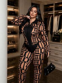 NU&NOW Plus Size Women Sexy Hollow Mesh Print Waist-Cinched Body-Hugging Jumpsuit Fall - Multicolor - View 2