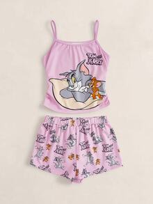 TOM & JERRY X SHEIN Tween Girl Cartoon Print Camisole Top And Shorts Loungewear Set - Baby Pink - View 1