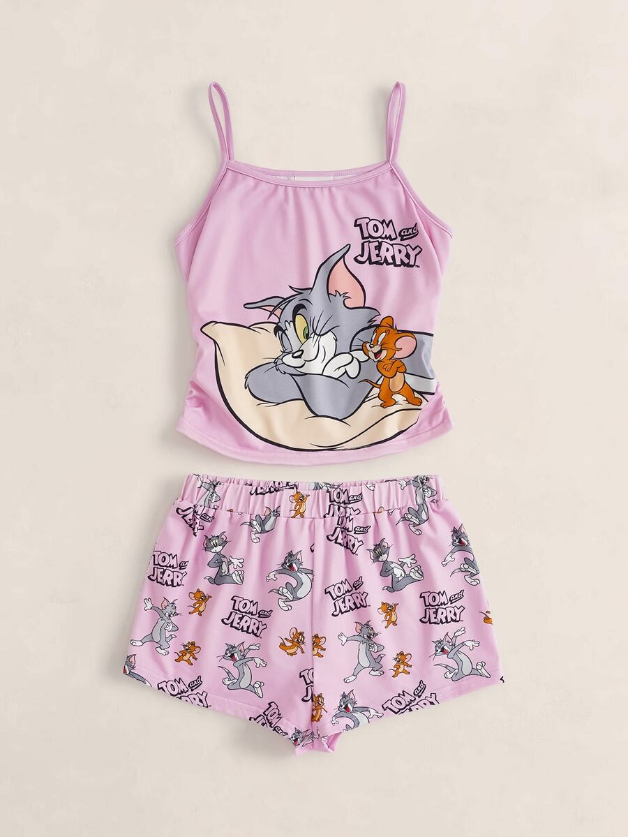 TOM & JERRY X SHEIN Tween Girl Cartoon Print Camisole Top And Shorts Loungewear Set - Baby Pink - View 1