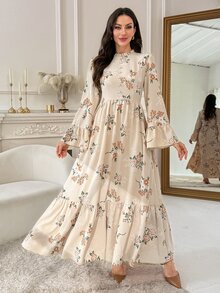 Al Najma Women's Floral Pattern Bell Sleeve Elegant Arabian Dress - Multicolor - View 6
