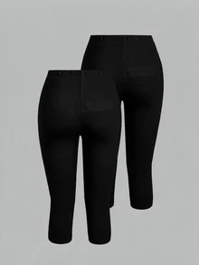 SHEIN Girlism Tween女孩 2件組 隨機款 素色緊身褲 - 黑色 - 查看 4