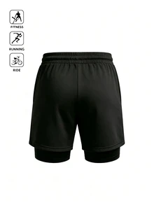 Acti Log Men's Letter Print Denim Drawstring Waist Double Layer Sports Shorts - Black - View 2