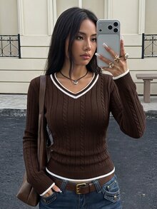 SHEIN 青少年女孩極簡純色V領長袖套頭毛衣，休閒日常穿著，秋冬長袖上衣，學院風V領長袖毛衣，復古V領毛衣，返校穿搭 - 棕色 - 查看 4