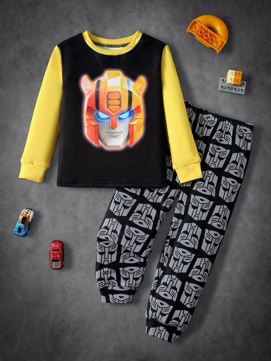 Transformers X SHEIN 小男孩圓領長袖上衣與長褲居家休閒套裝 常青色 - 黃色 - 查看 1