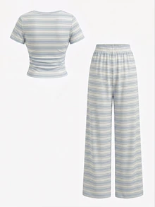 Kids Tween Girls Printed T-Shirt And Long Pants Knit 2 Pieces Set, Casual Daily Fashion Versatile Thickened Fleece - Multicolor - View 2