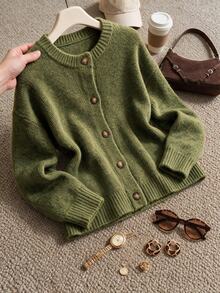 Grovea Plus Size Green Knit Cardigan Women's Round Neck Button Front Long Sleeve Loose Casual Knit Sweater Jacket Top Winter - Green - View 1