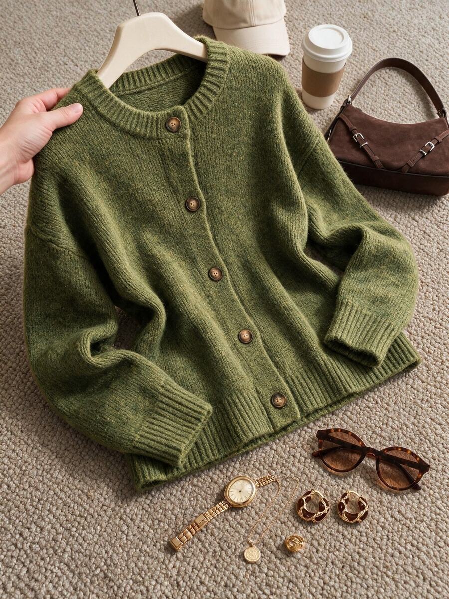 Grovea Plus Size Green Knit Cardigan Women's Round Neck Button Front Long Sleeve Loose Casual Knit Sweater Jacket Top Winter - Green - View 1
