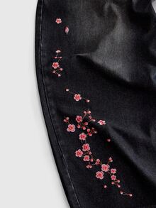 ROMWE MEN Men's Cherry Blossom Dragon Embroidery Jeans - Vintage Washed Loose Hip Hop Streetwear Pants - Black - View 5
