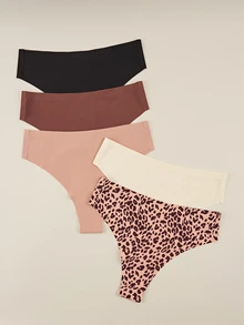 Bralution 5pcs/Pack Celana Dalam Segitiga Wanita Seksi Motif Leopard & Warna Polos Tanpa Jahitan - MultiWarna - View 2