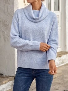 Faunlyn Cowl Neck Drop Shoulder Pullover Sweater, Soft Knit Relaxed Fit Long Sleeve Jumper For Fall Winter - Blue - View 3
