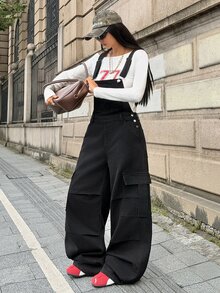 SHEIN Women's Casual Daily Denim Overalls With Pockets - Black - View 5