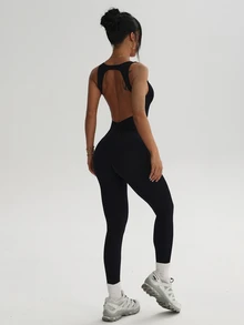 SHEIN Dewbera Women's Solid Color Backless Seamless Yoga Jumpsuit - Black - View 3