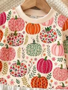 1pc Baby Girl Casual Fashion Simple Sweet Cute Halloween Leopard Print Pumpkin Pattern Round Neck Long Sleeve Ruffle Hem Pullover Top, Suitable For Autumn/Winter - Multicolor - View 3