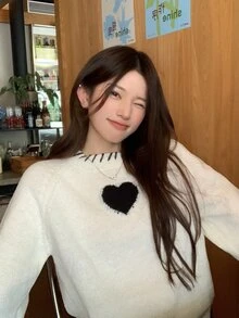 DAZY White Round Neck Black Heart Pattern Embroidered Loose Long Sleeve Casual Sweet Versatile Knit Sweater - White - View 7