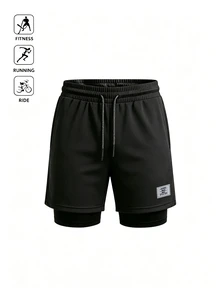 Acti Log Men's Letter Print Denim Drawstring Waist Double Layer Sports Shorts - Black - View 3