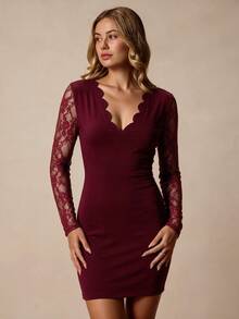 Amorya Women's Sexy Elegant Lace Patchwork Dress Night Out Cocktail Date Night Autumn - Black - View 8