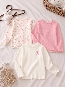 3件組柔霧色系波西米亞碎花、迷你波點、迷你蝴蝶結圖案女童休閒舒適軟彈羅紋荷葉邊上衣，適合秋冬日常穿著、疊穿，返校衣櫥必備基礎款，秋冬內搭必備，甜美俏皮風 - 彩色 - 查看 4