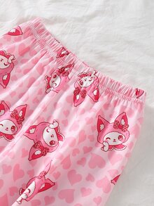 SHEIN 女嬰甜美可愛優雅親膚柔軟舒適休閒日常粉色愛心蝴蝶結兔子卡通印花前開襟針織長袖上衣與褲子2件套居家服 - 粉色 - 查看 6