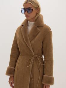MUSEYN Beige Faux Fur Suede Maxi Coat Cosy Versatile Everyday Casual Fall - Khaki - View 5