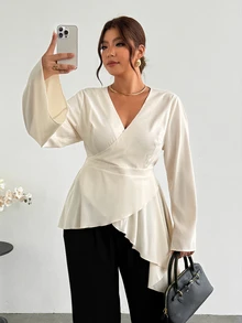 Firerie Plus Size Elegant Commuter Solid Color Wrap Asymmetric Hem Blouse - Apricot - View 1