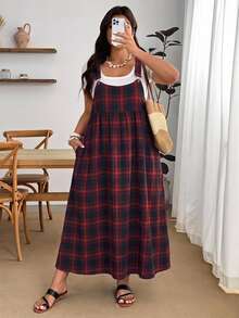 Enliva Plus Size Women's Plaid Pocket Casual Pinafore Dress - Burgundy - View 3