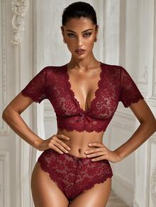 SHEIN 女款兩件式蕾絲內衣套裝 - 酒紅色 - 查看 5