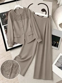 GlowEve CURVE Plus Size Women's Commuter Versatile Elegant Round Neck Fitted Cardigan With Embroidered Fabric Patchwork Jacket And Straight Leg Ruched Long Pants - Khaki - View 1