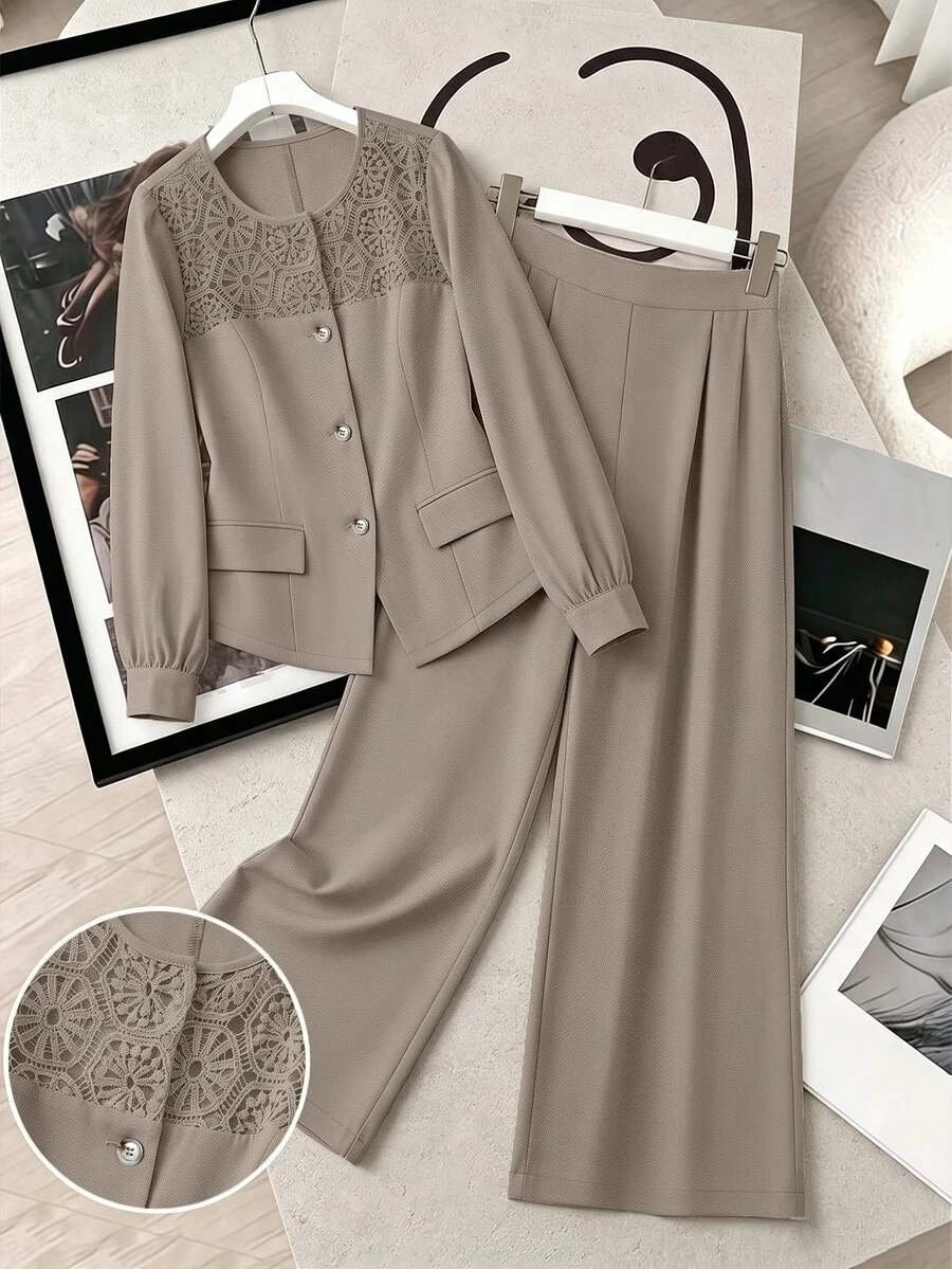 GlowEve CURVE Plus Size Women's Commuter Versatile Elegant Round Neck Fitted Cardigan With Embroidered Fabric Patchwork Jacket And Straight Leg Ruched Long Pants - Khaki - View 1