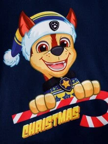 SHEIN | PAW Patrol 聖誕男孩聯名款修身睡衣套裝，可愛小狗與棒棒糖節日印花，柔軟舒適高彈薄款面料，長袖長褲 2 件式居家服 - 寶藍色 - 查看 4