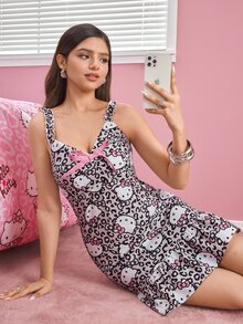 HELLO KITTY AND FRIENDS | SHEIN 女款豹紋蝴蝶結裝飾短洋裝 - 彩色 - 查看 8