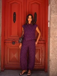 Nöista Atasan Lengan Pendek Asimetris Motif Geometris. Musim Panas, Gugur, Gaya Kasual Chic, Jalan-jalan, Pesta. - Purple - View 12