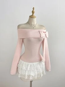 Elamini Women's Autumn/Winter Solid Color Y2K Off-Shoulder Lapel Knit Sweater Dress - Apricot - View 1