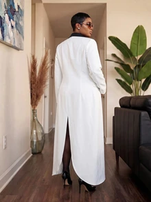 Slaydiva Plus Size 2 Pieces Suit, Black Lapel Long Tail Tuxedo Blazer & Matching Shorts Formal Set - White - View 3