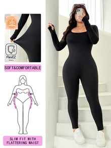 Solflare Plus Size Autumn/Winter Casual Solid Color Slim Fit Jumpsuit - Black - View 1