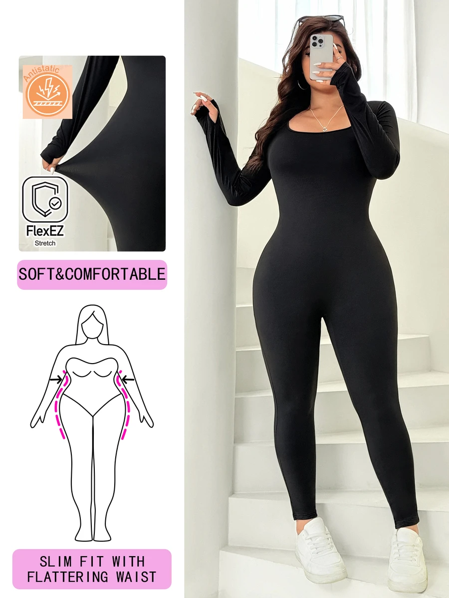 Solflare Plus Size Autumn/Winter Casual Solid Color Slim Fit Jumpsuit - Black - View 1
