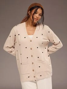 Freevana 大尺碼女款秋冬心形圖案長袖單排扣針織開襟衫 - 杏色 - 查看 6