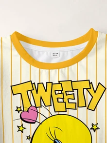 LOONEY TUNES X SHEIN Young Girl Summer Casual Striped Cartoon Print T-Shirt - White - View 3