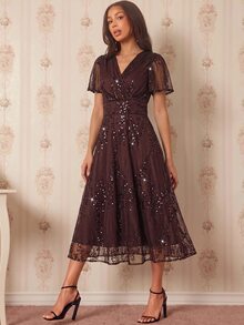 Amorya Women's Elegant Party Sequin Midi Dress - Brown - View 5