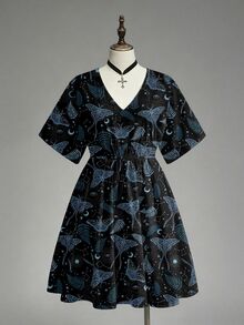 ROMWE Goth 深色嬉皮風蝴蝶刺繡太陽月亮星星暗黑龐克辣妹哥德神秘感V領大尺碼洋裝 - 黑色 - 查看 2