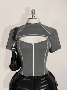 SHEIN ICON 女款大尺碼拼色鏤空休閒日常穿搭T恤 - 灰色 - 查看 4
