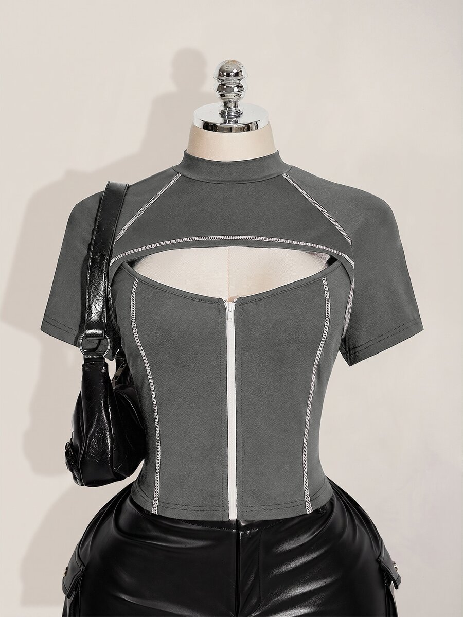 SHEIN ICON Kaos Kasual Sehari-hari Wanita Ukuran Plus dengan Desain Blok Warna dan Lubang - Grey - View 1